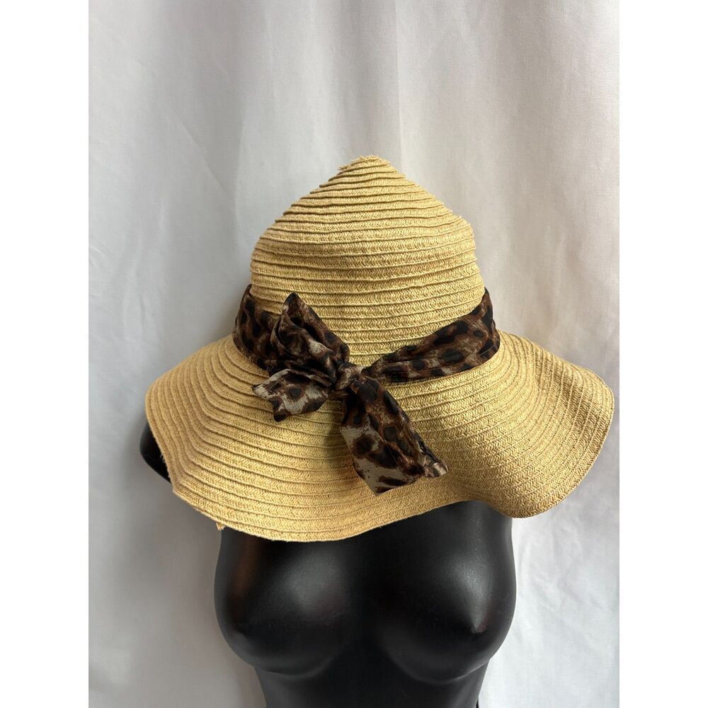 Fair Weather Accessories Sun Hat Womens Shade Headwear Straw Hat w Leopard Scarf